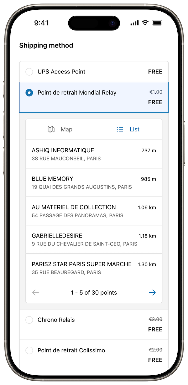 Atlas Pickup Points list view in Shopify checkout, showing nearby pickup points for the customer to choose