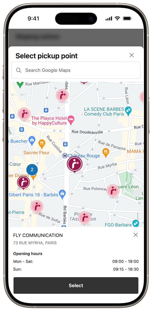 Atlas Pickup Points map view in Shopify checkout, showing pickup point locations on a Google map